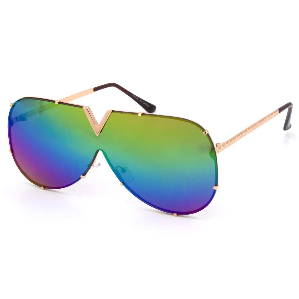 Sunglasses Rainbow Flat Lens V Shield Visor Gold Frame Fashion Shades Oversized